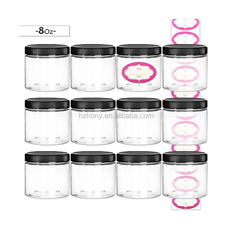 12-Pack 8 Ounce Empty Large Elegant Refillable Clear Plastic Jars with Lids and labels Round slime container For Slime Cosmetic