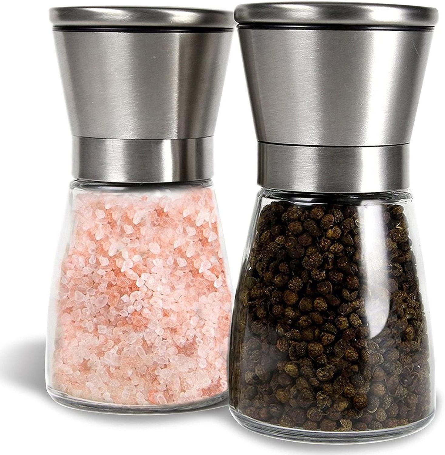 2 pack Spice Grinder with Adjustable Coarseness Salt Mills Shakers stainless steel salt and pepper grinder set