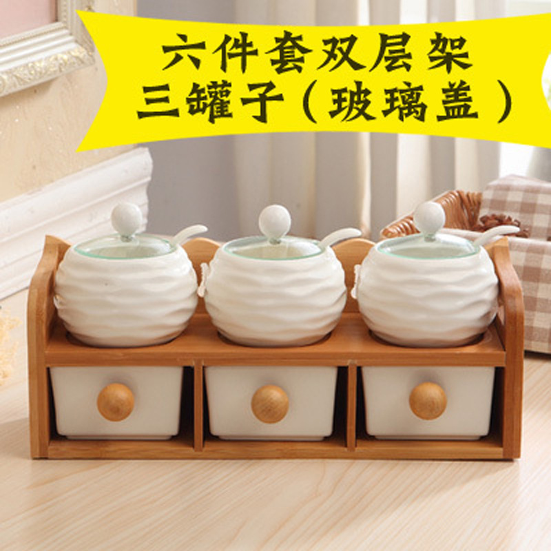 Spice Container Pottery Cruet Pot Porcelain Condiment Jar Sugar Bowls Set with Spoons and Tiered Bamboo Display Rack