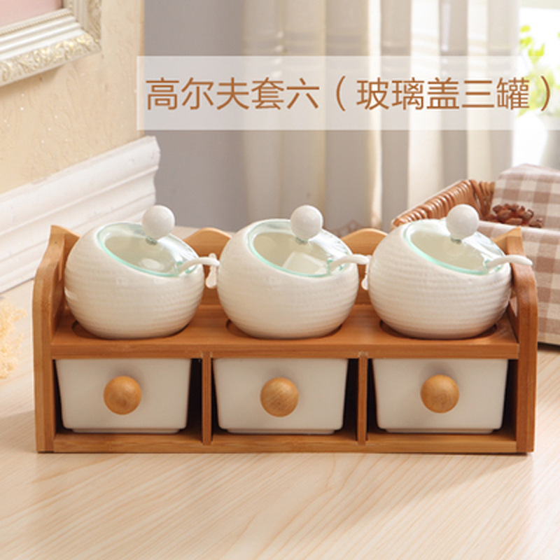 Spice Container Pottery Cruet Pot Porcelain Condiment Jar Sugar Bowls Set with Spoons and Tiered Bamboo Display Rack