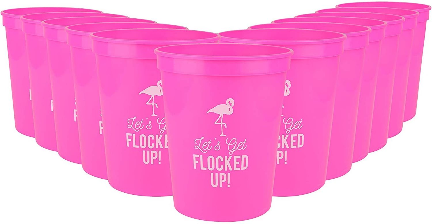 Let's Get Flocked UP! Pink and White Perfect for Birthday Party Bachelorette Party Wedding Custom 16oz Plastic Stadium Cups