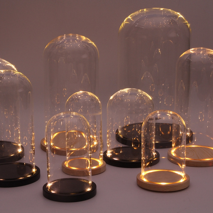 Wholesale Display Glass Candle Cloche Empty Glass Bell Jar Oval Led Glass Dome With Light Wood Base