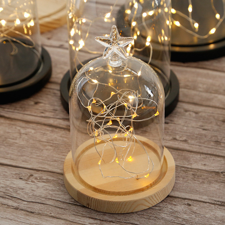 Wholesale Display Glass Candle Cloche Empty Glass Bell Jar Oval Led Glass Dome With Light Wood Base