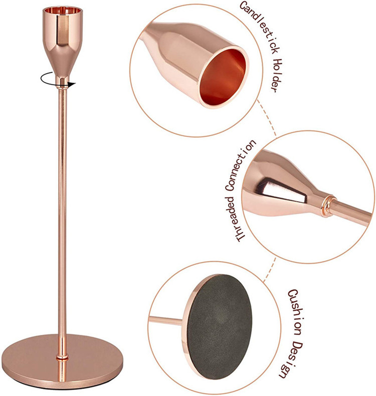 Wholesale Home Decor Simple Electroplated Metal Rose Gold Tapered Candle Stick Holder For Weddings