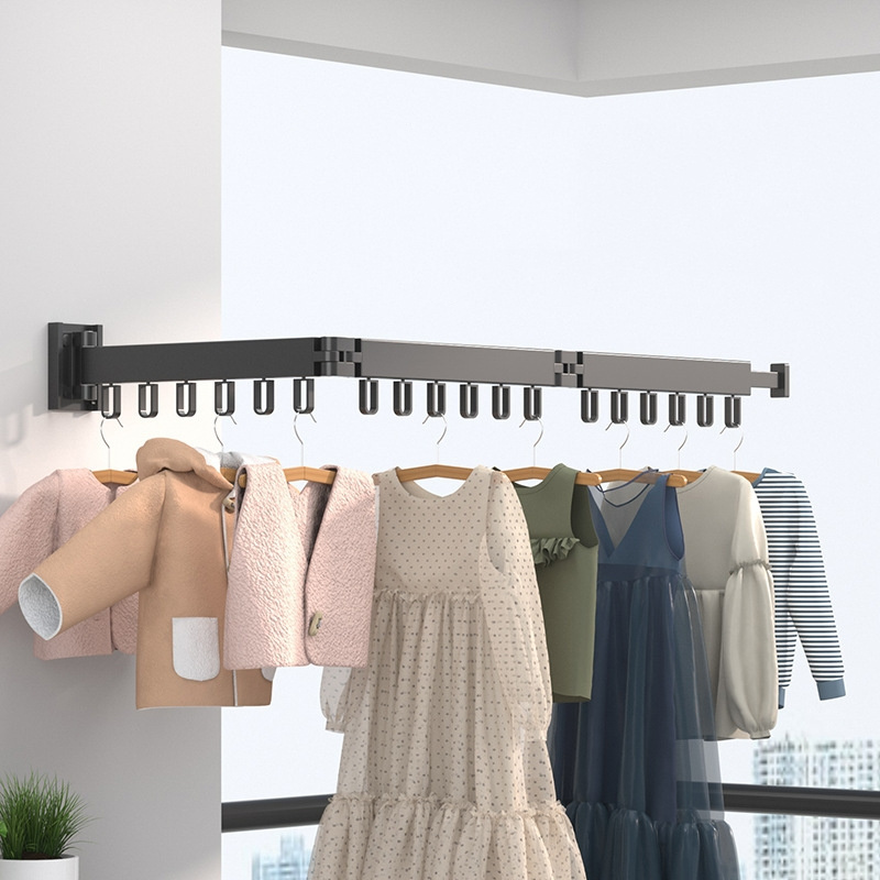 Wall Mounted Clothes Drying Rack Retractable Clothesline Metal Folding Punching Dry Cloth Hangers Rack for Balcony Bathroom