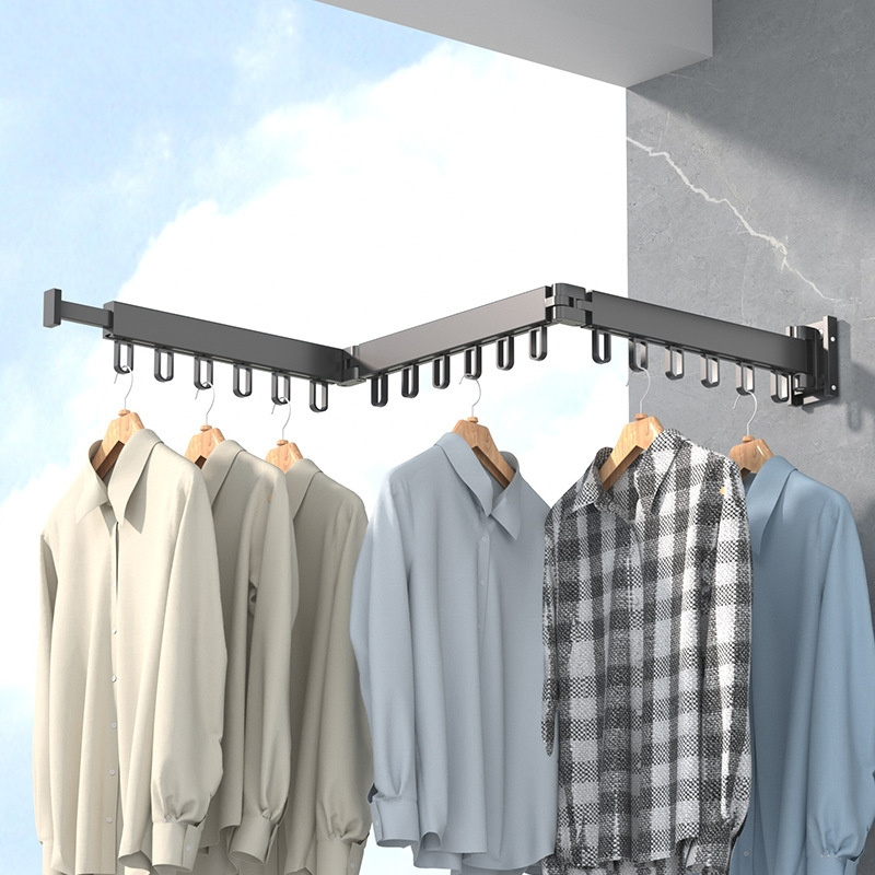 Wall Mounted Clothes Drying Rack Retractable Clothesline Metal Folding Punching Dry Cloth Hangers Rack for Balcony Bathroom