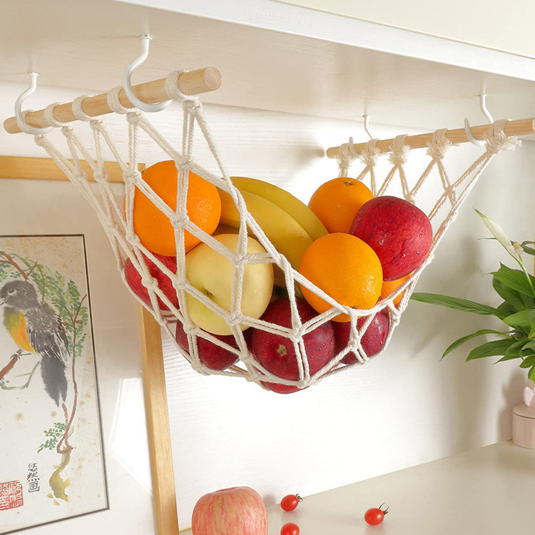 Hanging Fruit Hammock for Kitchen Under Cabinet Macrame Fruit Storage Basket for Bananas with Hooks Kitchen Decor