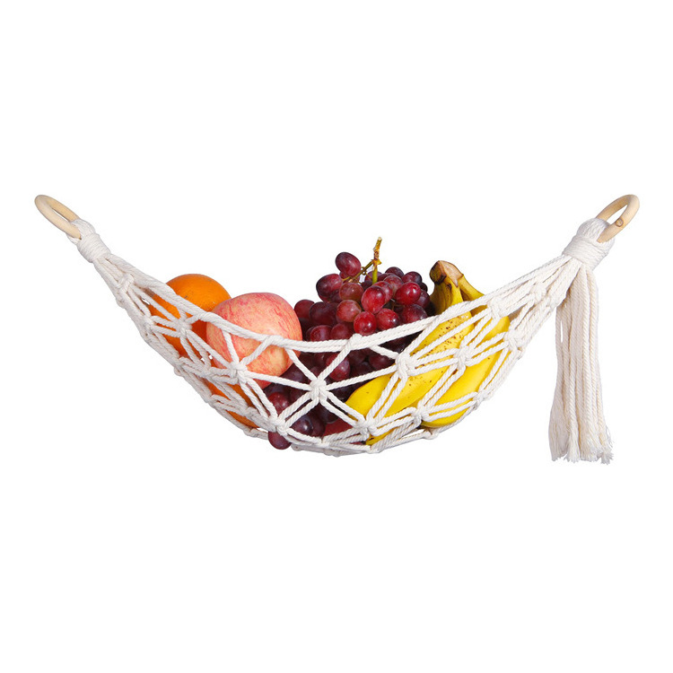 Hanging Fruit Hammock for Kitchen Under Cabinet Macrame Fruit Storage Basket for Bananas with Hooks Kitchen Decor