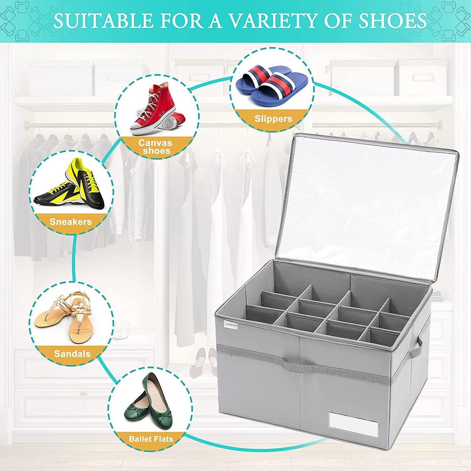 Shoe Organizer for Closet Fits 16 Pairs Large Shoes Boxes Storage Containers Clear Foldable Bins Space Saving Holder