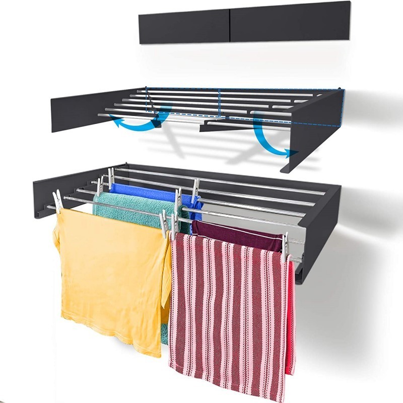 Multi-functional Storage Rack Mounted Ret Ractable Folding Balcony Clothes Wall Drying Rack  Bathroom Towel Rack