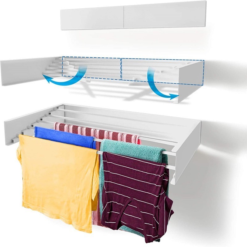 Multi-functional Storage Rack Mounted Ret Ractable Folding Balcony Clothes Wall Drying Rack  Bathroom Towel Rack