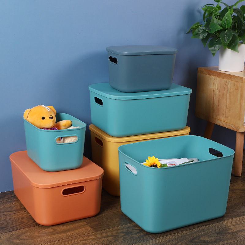 Plastic Storage Bins with Lid Stackable Baskets with Handle Desktop Storage Boxes Cubby Bins Containers for Cabinet Shelf