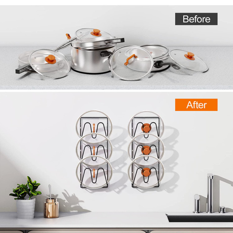 3 Tier Pot Lid Organizer Rack No Drilling Adhesive Organization Wall Mount Lid Holder Hanging Pot Cover Storage Rack for Kitchen