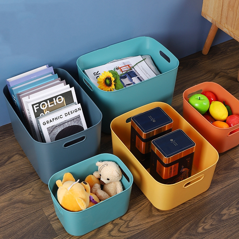 Plastic Storage Bins with Lid Stackable Baskets with Handle Desktop Storage Boxes Cubby Bins Containers for Cabinet Shelf