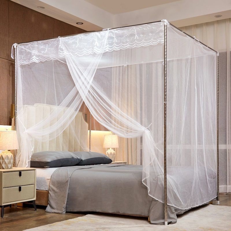 Factory custom 100% polyester white lace extra large bed 2m*2.2m king size mosquito net with metal frame