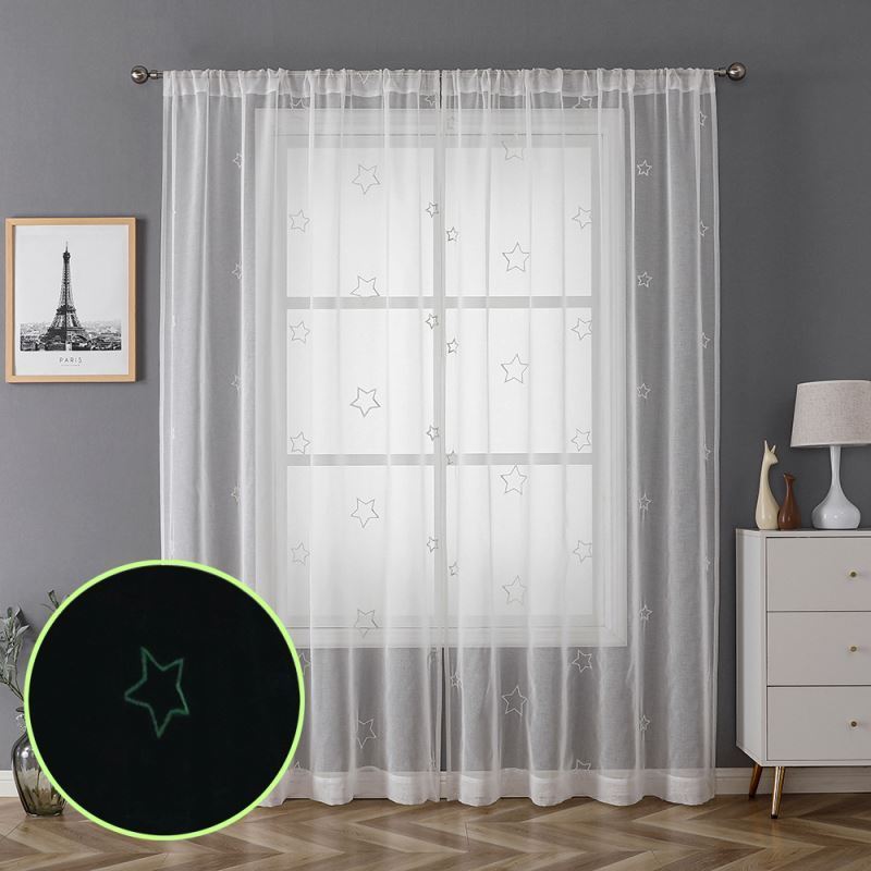 Star Glow Ready Made Curtain Luminous Glow in the Dark Embroidery White Sheer Window Curtain