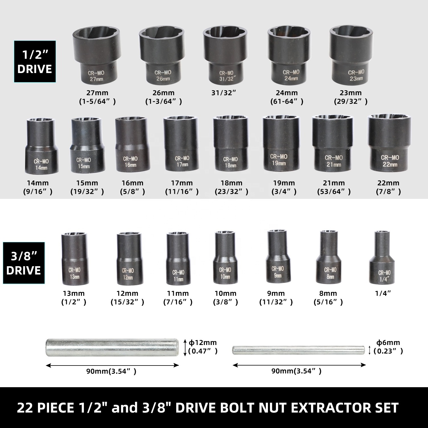 22 Piece Twist Broken Damaged Bolt and Nut Extractor Set 1/2