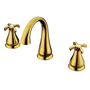 China All Brass Basin Faucet Unique Luxury Deck Mounted Brushed Gold Bathroom Basin Mixer Tap Dual Handle Gold Faucet