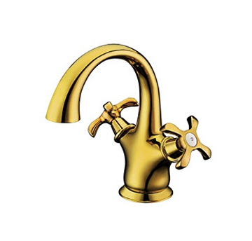 China All Brass Basin Faucet Unique Luxury Deck Mounted Brushed Gold Bathroom Basin Mixer Tap Dual Handle Gold Faucet