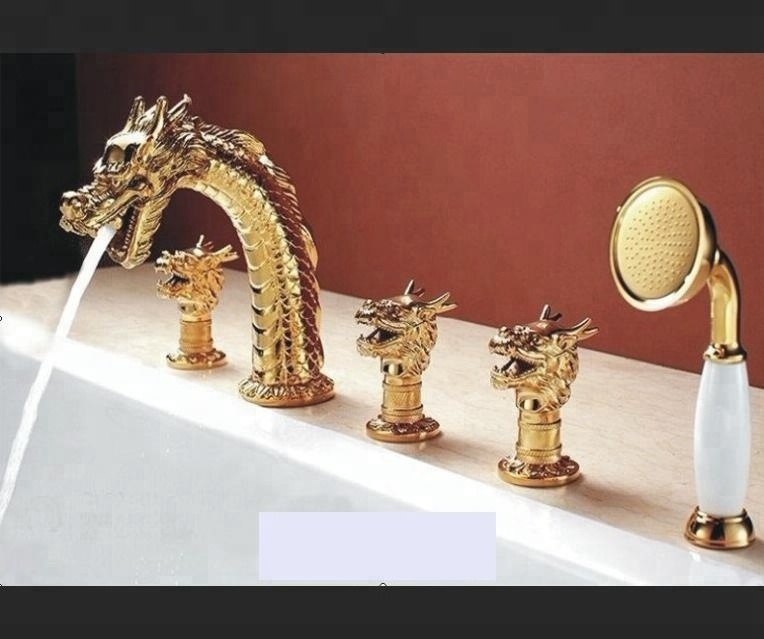 Ti-PVD Gold Swan Double Handle Basin Faucet for Hospitals and Villas