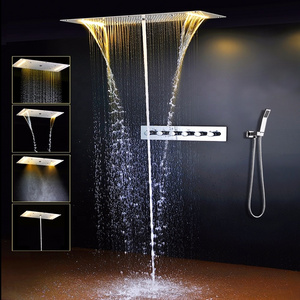 Modern Luxury Bathroom Brass LED Ceiling-Mounted Thermostatic Overhead Rain Shower Faucet Polished Stainless Steel Jet Spray