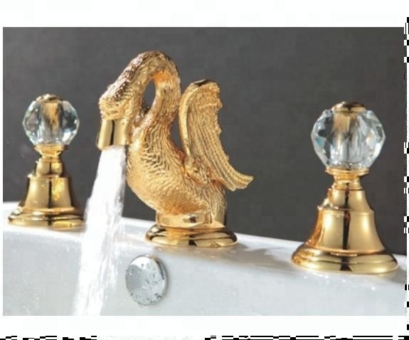 Ti-PVD Gold Swan Double Handle Basin Faucet for Hospitals and Villas