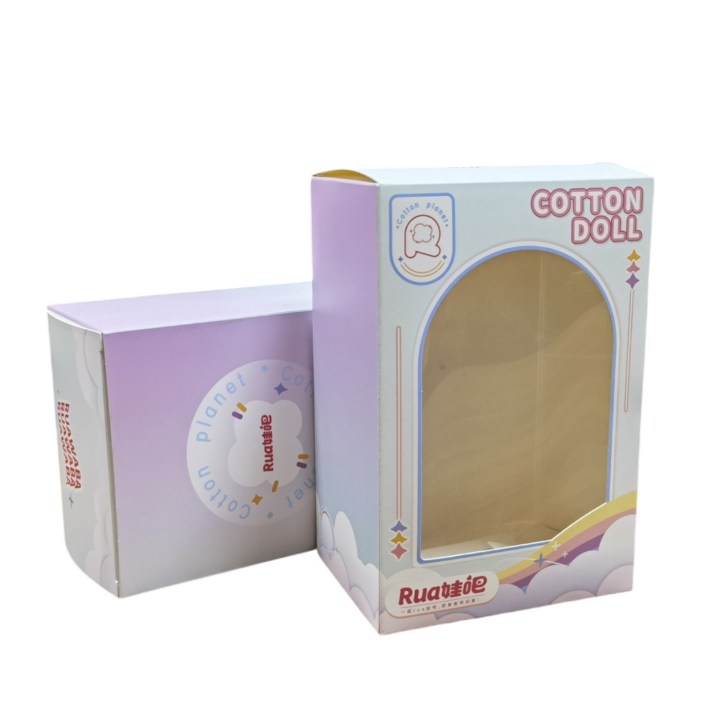 HUAZHAO Wholesale CMYK Printed Folding Box Cute Doll Packaging Toy Paper Box With Clear Pvc Window