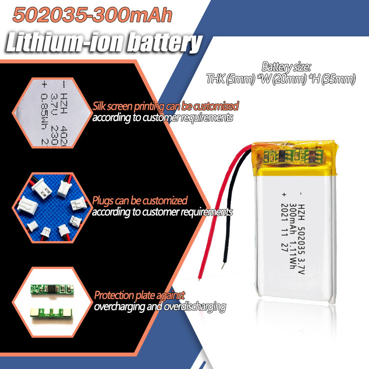 OEM Custom 502035 300mAh 1.11Wh Rechargeable Lithium Ion Battery For LED Lights 300mAh 502035 3.7V Lipo Batteries