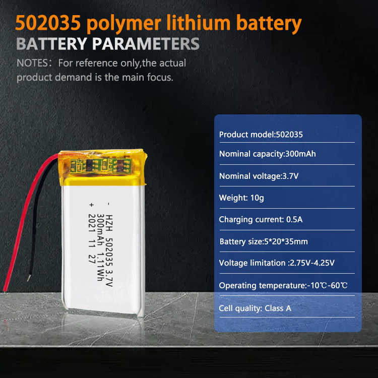 OEM Custom 502035 300mAh 1.11Wh Rechargeable Lithium Ion Battery For LED Lights 300mAh 502035 3.7V Lipo Batteries