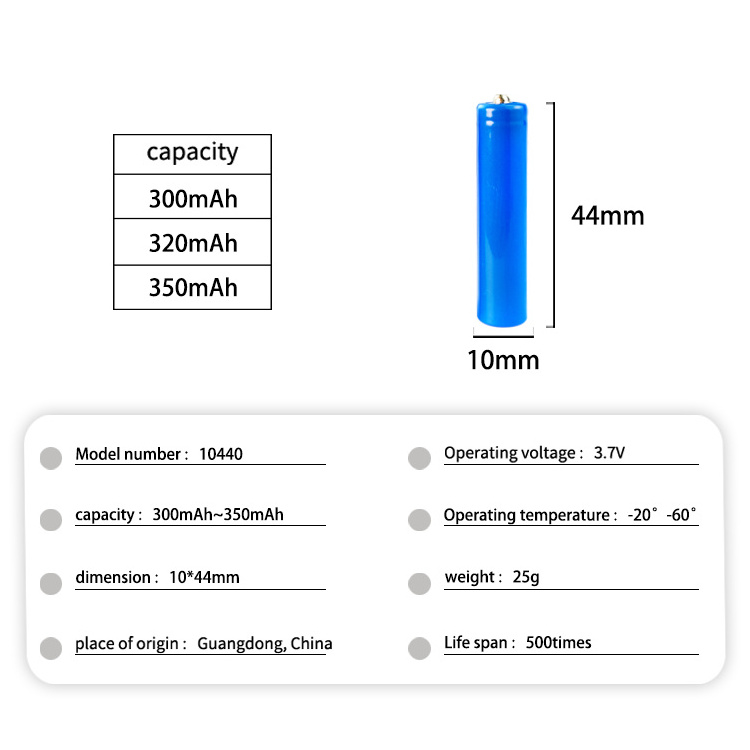 Wholesale laser pointer 10440 lithium battery 3.7V flashlight power battery 300mAh 5C 10440 lithium battery