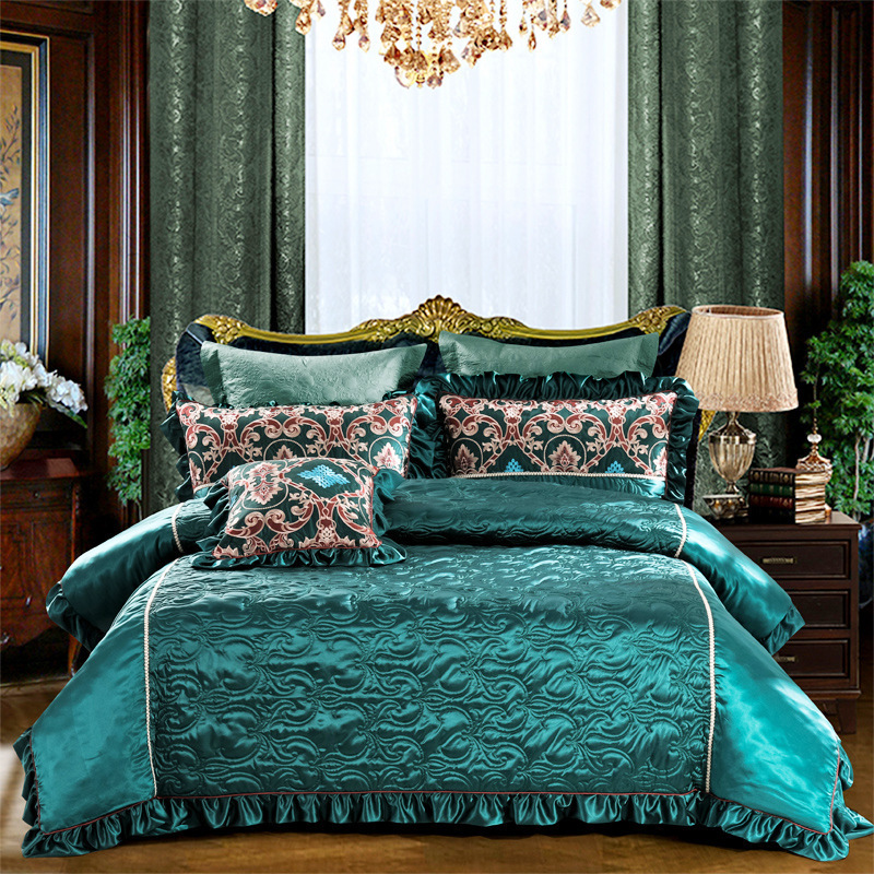 European king comforter embroidered flounces satin cotton bedding sets luxury