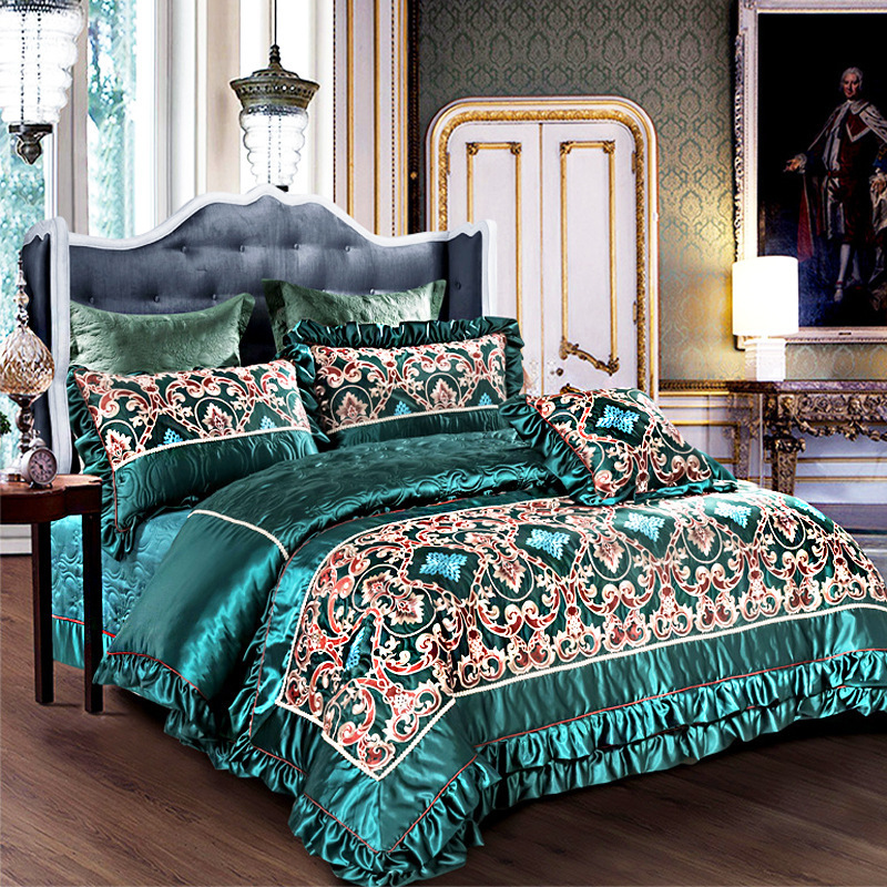 European king comforter embroidered flounces satin cotton bedding sets luxury