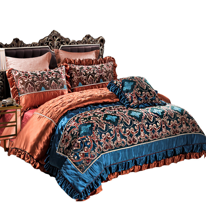 European king comforter embroidered flounces satin cotton bedding sets luxury