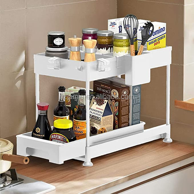 Pull Out Cabinet Organizer 2-Tier Under Sink Slide Out Kitchen Cabinet Storage Shelves with Sliding Storage Drawer for Cabinet