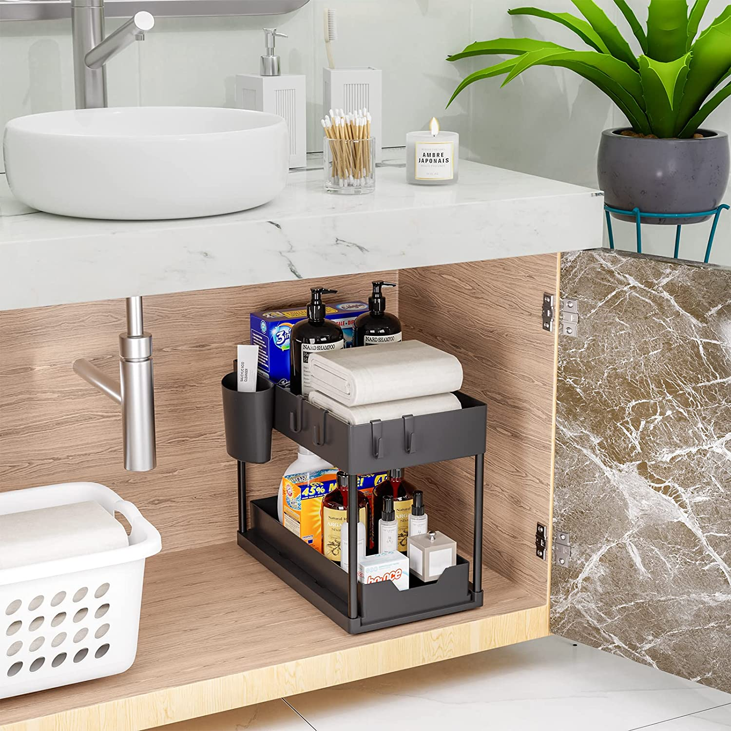 Under Sink Storage Rack 2 Tier Sliding Cabinet Basket Countertop Pull Out Organizer Drawer Spice Shelf in the Kitchen Home Tools