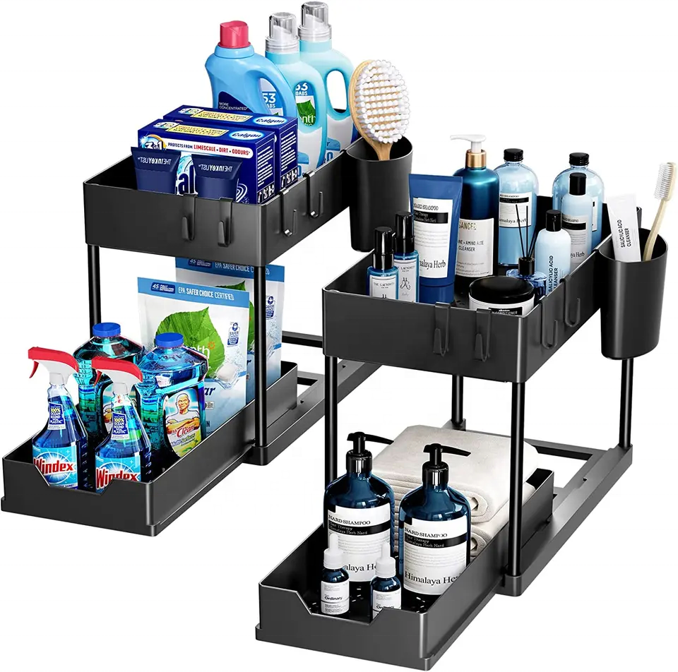 Kitchen Storage 2Tier Sliding Cabinet Basket Drawer Under Sink Organizer Bathroom Storage Plastic Shelf Rack Sink Organizer