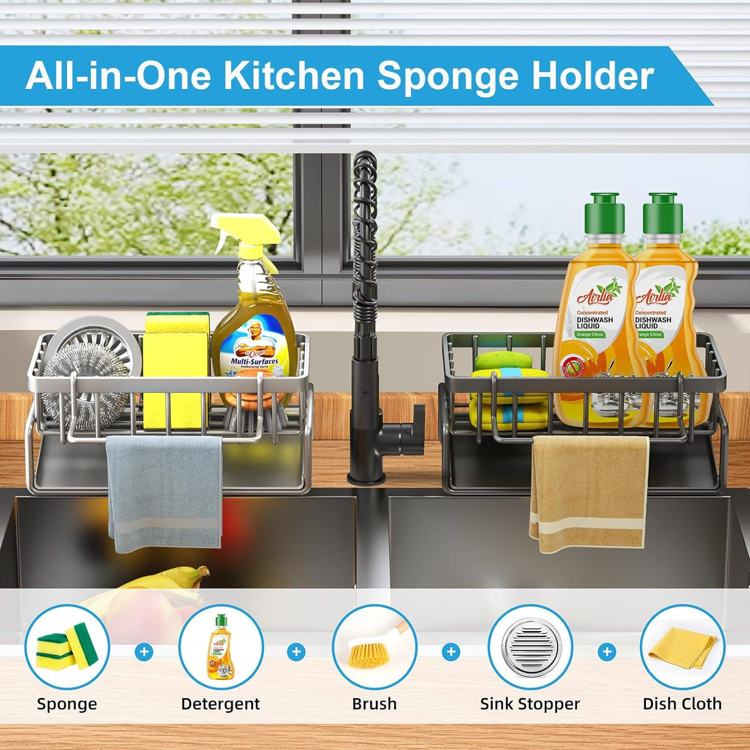 Stainless Steel Sponge Holder for Kitchen Sink Sponge Caddy Sink Organizer with Drain Tray Countertop Kitchen Bathroom