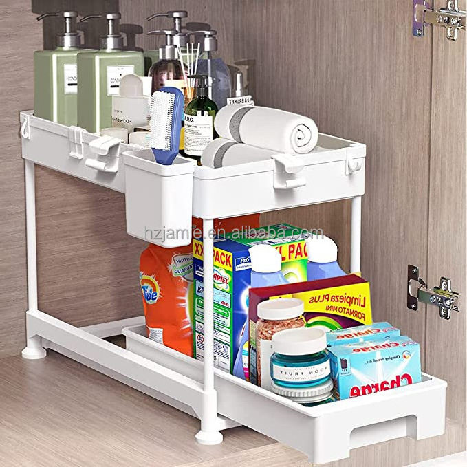 Pull Out Cabinet Organizer 2-Tier Under Sink Slide Out Kitchen Cabinet Storage Shelves with Sliding Storage Drawer for Cabinet