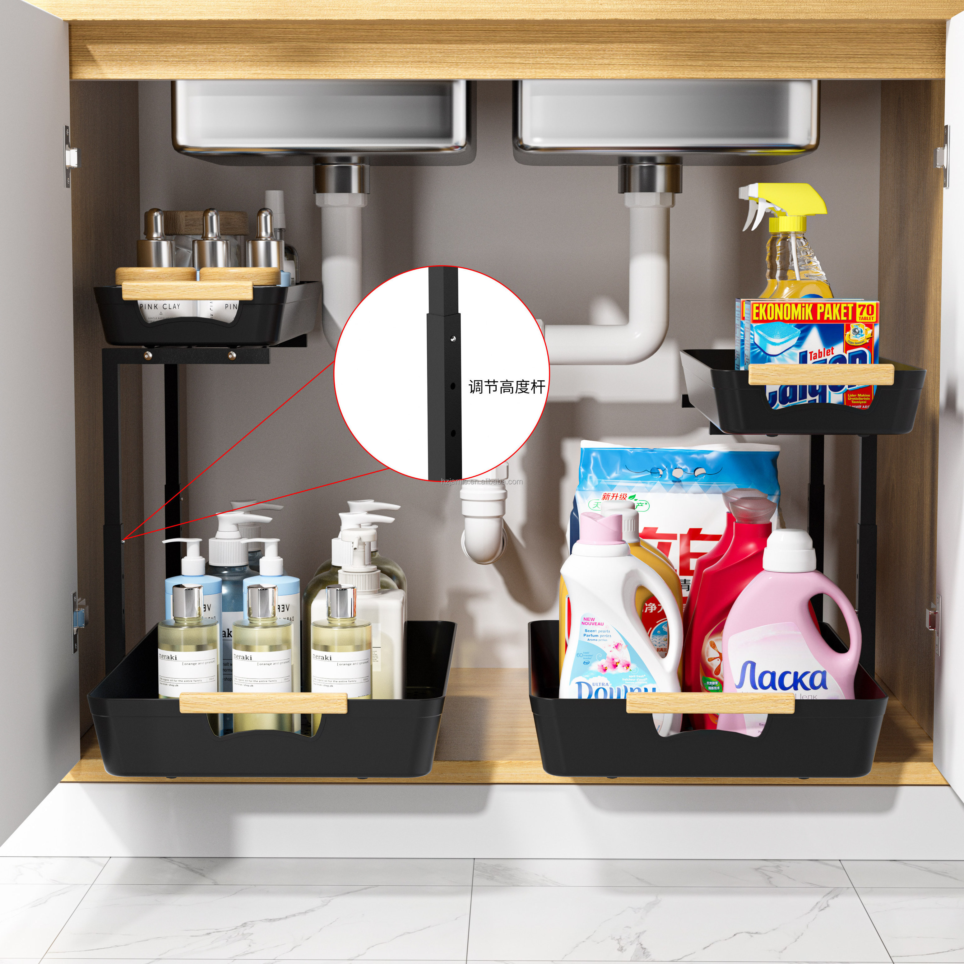 New 2 Tier Metal Under Sink Kitchen Organizer Shelf with Pull Out Drawer Pull Out Under Cabinet Organizer for Kitchen Bathroom