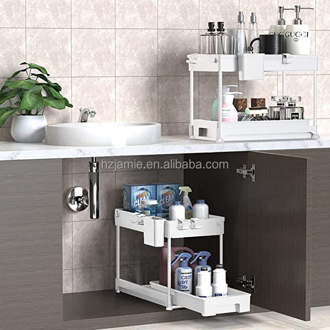 Pull Out Cabinet Organizer 2-Tier Under Sink Slide Out Kitchen Cabinet Storage Shelves with Sliding Storage Drawer for Cabinet