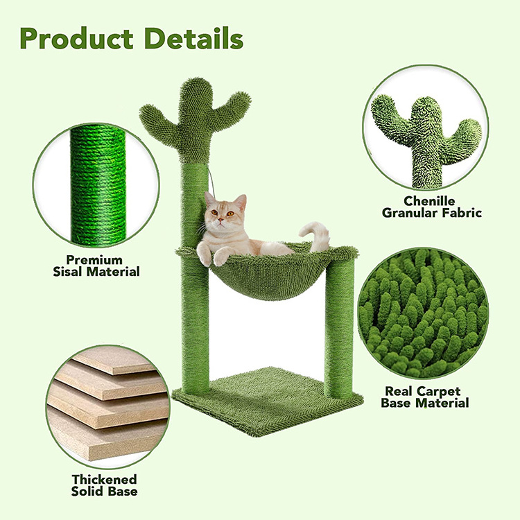 Factory Direct Sale Cactus Sisal Rope Cat Scratching Tree Cat Scratcher Tower with Hammock