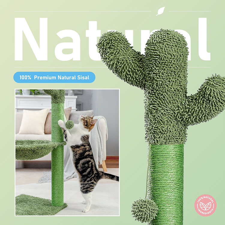 Factory Direct Sale Cactus Sisal Rope Cat Scratching Tree Cat Scratcher Tower with Hammock