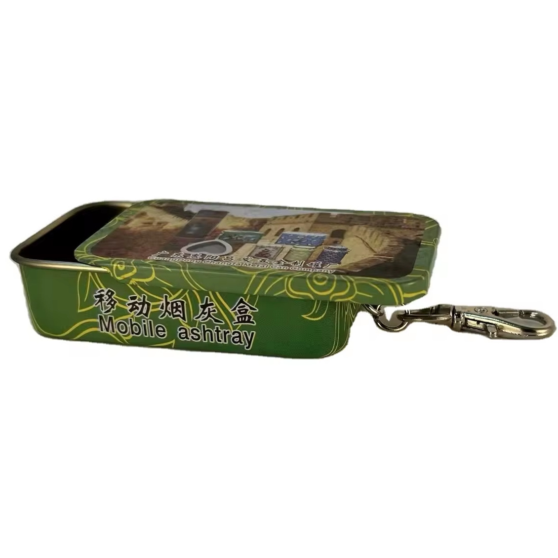 High quality printed gift tinplate box removable rectangular cigarette ash tin box with key chain