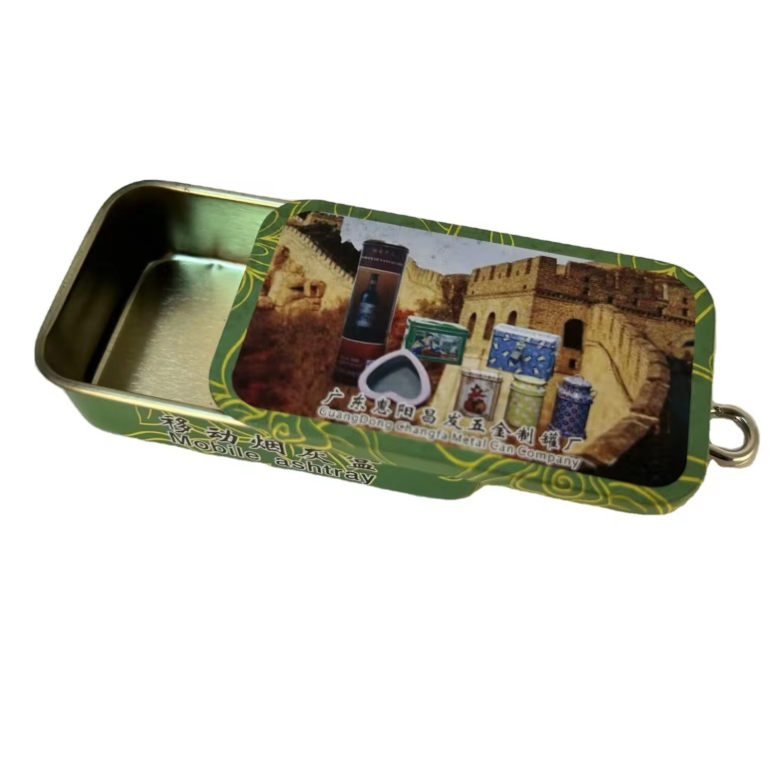 High quality printed gift tinplate box removable rectangular cigarette ash tin box with key chain