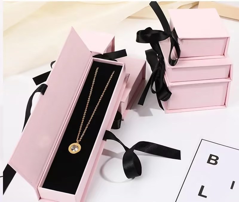 Custom Logo Cardboard Jewelry Gift Box Necklace Drawing Box Package Slide Drawer Paper Box with Black Foam for Jewelry Packaging