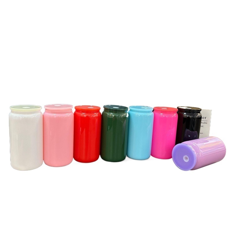 Popular style blank sublimation solid color jelly glass mug drinking glass mason jar with colored plastic lids for silk printing