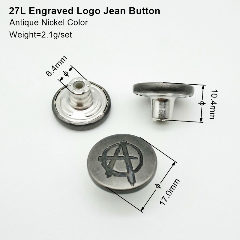 27L 17mm engraved logo jean button, customized logo denim jean shank buttons