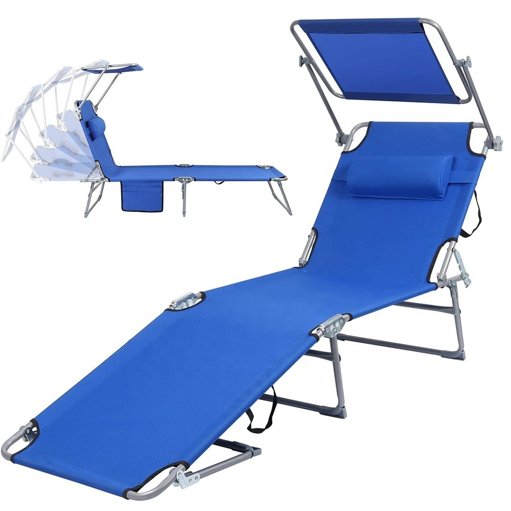 Folding Chaise Lounge Chair Outside Reclining Sunbathing Chairs 5-Position Adjustable Beach Lounger Chair with Canopy Sun Shade