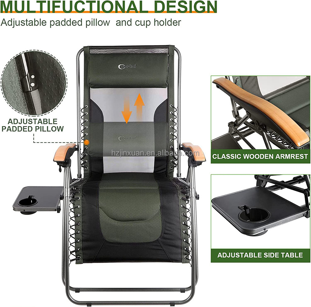 Oversized Zero Gravity Reclining Patio Chair XL Padded Seat Folding Lounge Chair 350lbs Capacity with Cup Holder and Adjustable