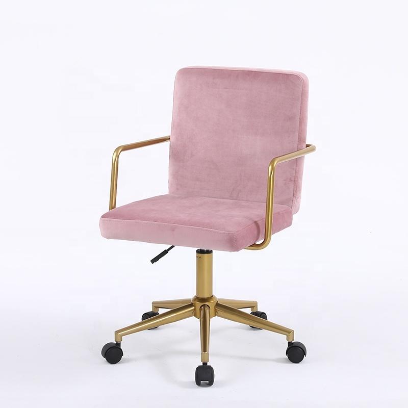 Modern Home soft velvet upholstery Pink Office Desk Chair High Back Adjustable Computer Chair with Gold Arms Base and Wheels